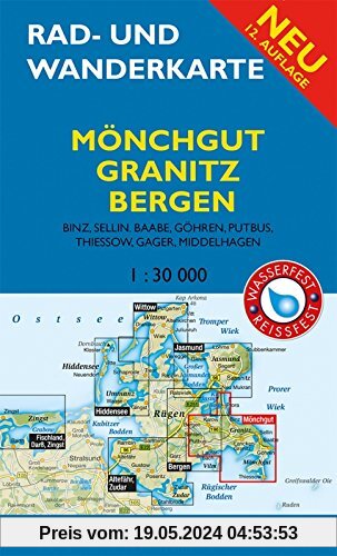 Rad- und Wanderkarte Mönchgut, Granitz, bis Bergen: Mit Binz, Sellin, Baabe, Göhren, Gager, Middelhagen, Thiessow. Maßstab 1:30.000. Wasser- und reißfest.